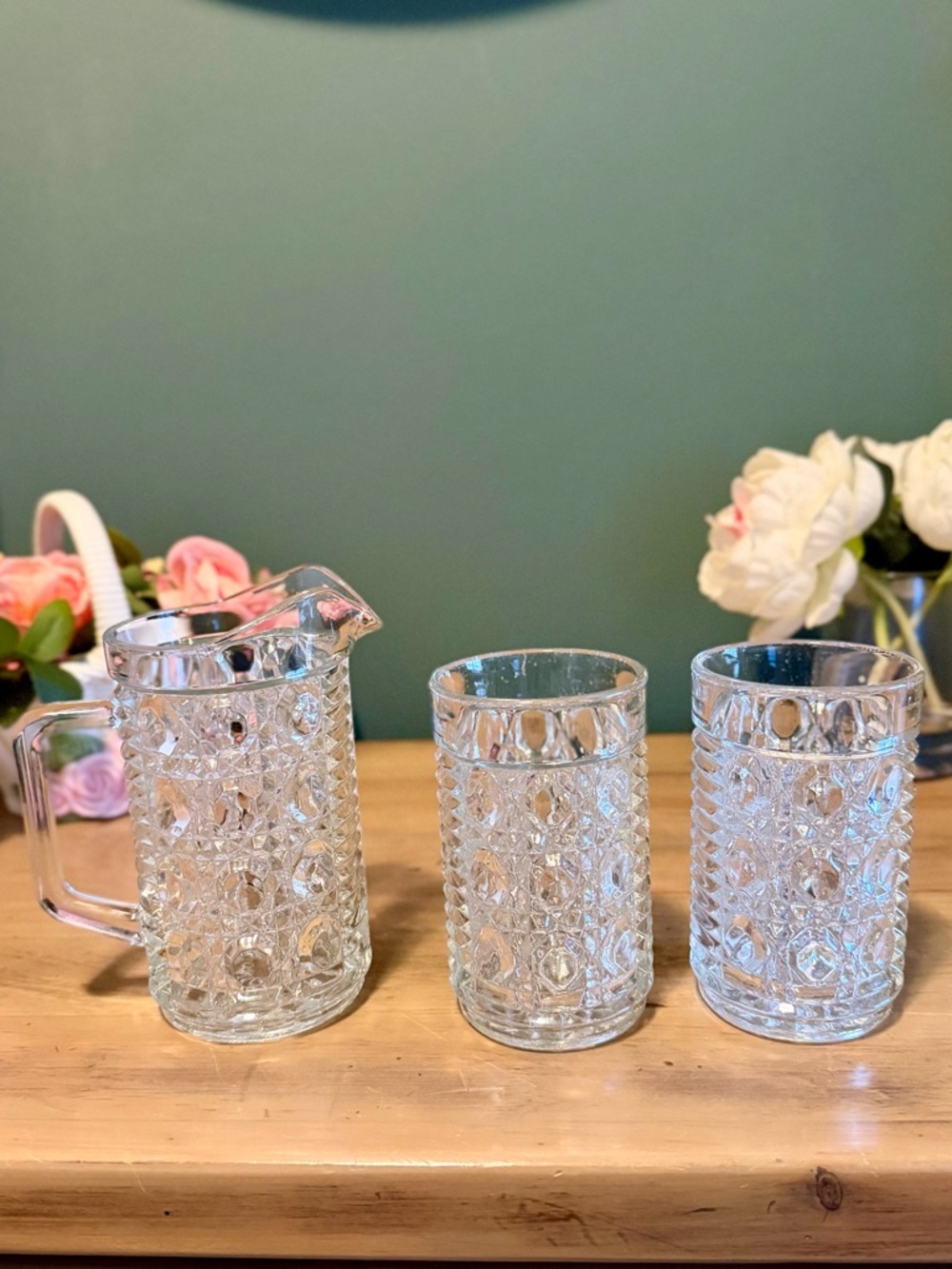 Clear Cut-Glass Pitcher and 2 Tumbler Set - Crystal-Style Clear